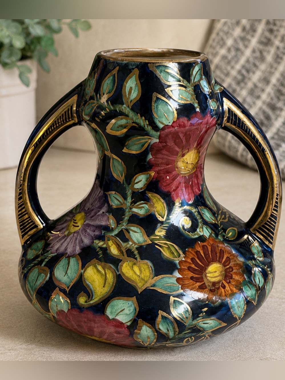 Vintage Hand Painted Floral Vase Made in Belgium Dual Handle 327